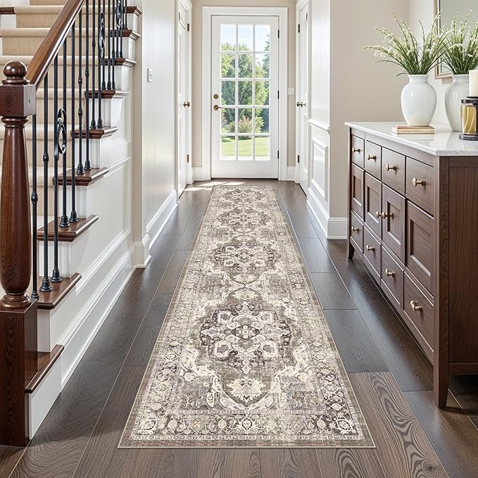 2x10 Runner Rugs for Hallways Soft Kitchen Rug Non Slip Rug Runner with Rubber Backing for Bathroom Washable Non Shedding Farmhouse Runner Rug (Beige/Brown/Grey, 2X10)