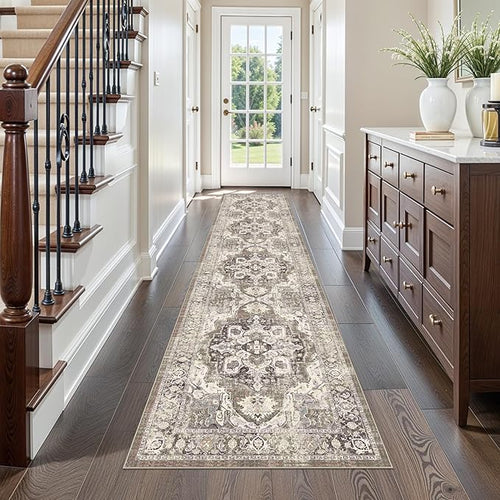 2x10 Runner Rugs for Hallways Soft Kitchen Rug Non Slip Rug Runner with Rubber Backing for Bathroom Washable Non Shedding Farmhouse Runner Rug (Beige/Brown/Grey, 2X10)